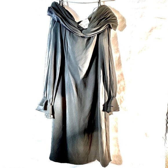 Saks Fifth Avenue AJ Bari Dress Chiffon Size 10 Sheer Ruched Cold Shoulder Black - Picture 1 of 9
